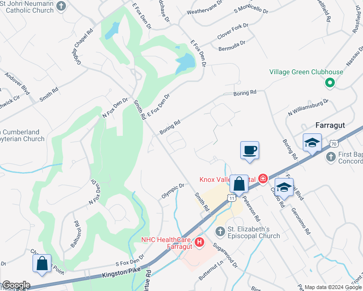 map of restaurants, bars, coffee shops, grocery stores, and more near 11905 Appleton Way in Knoxville