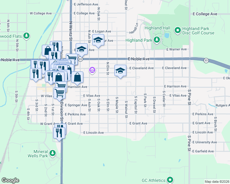 map of restaurants, bars, coffee shops, grocery stores, and more near 704 East Harrison Avenue in Guthrie