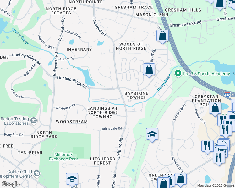 map of restaurants, bars, coffee shops, grocery stores, and more near 7019 Litchford Road in Raleigh