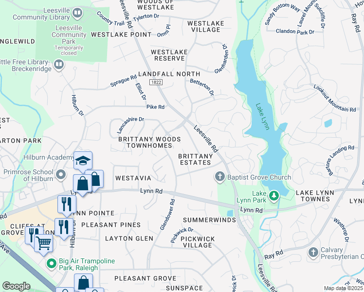 map of restaurants, bars, coffee shops, grocery stores, and more near 4401 Lancashire Drive in Raleigh