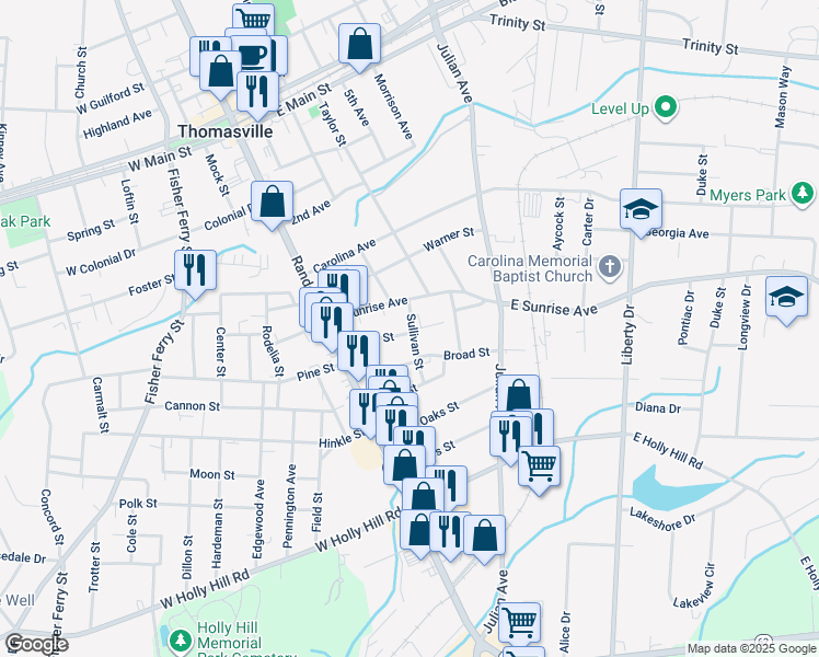 map of restaurants, bars, coffee shops, grocery stores, and more near 408 Sullivan Street in Thomasville