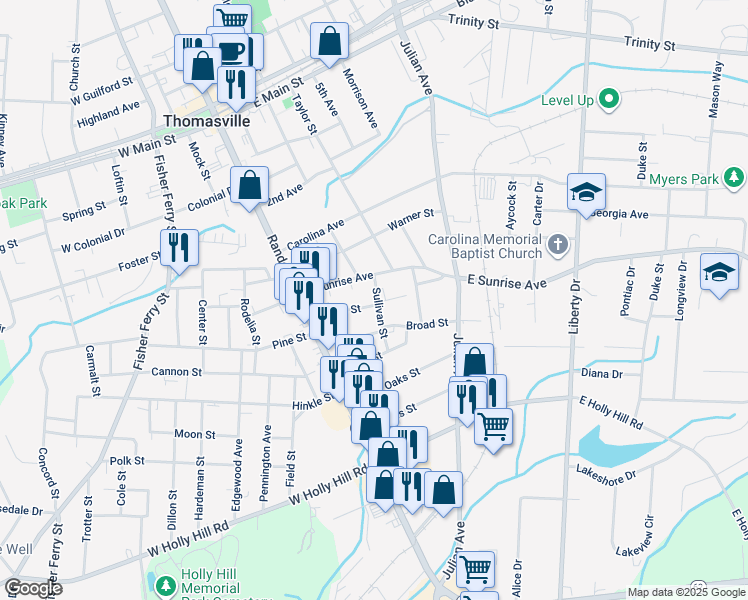 map of restaurants, bars, coffee shops, grocery stores, and more near 408 Sullivan Street in Thomasville