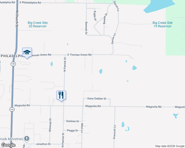 map of restaurants, bars, coffee shops, grocery stores, and more near 2612 Pine Acres Street in Jonesboro