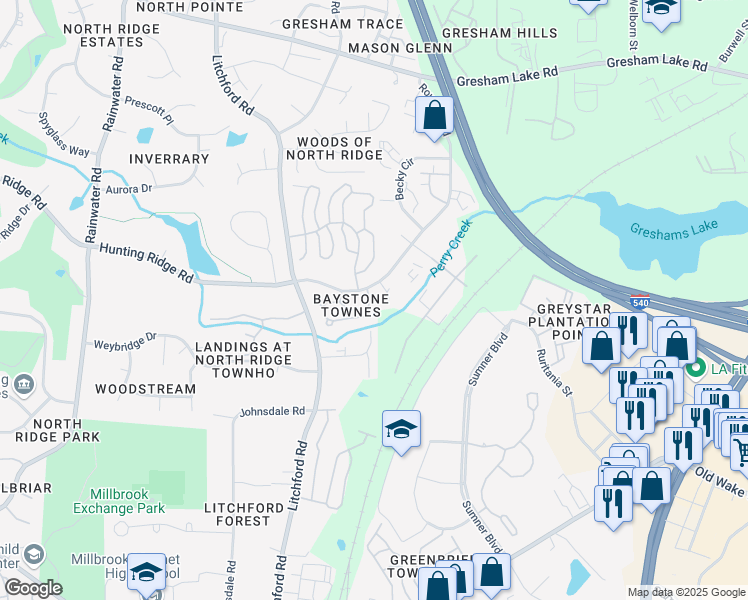 map of restaurants, bars, coffee shops, grocery stores, and more near 7240 Racine Way in Raleigh