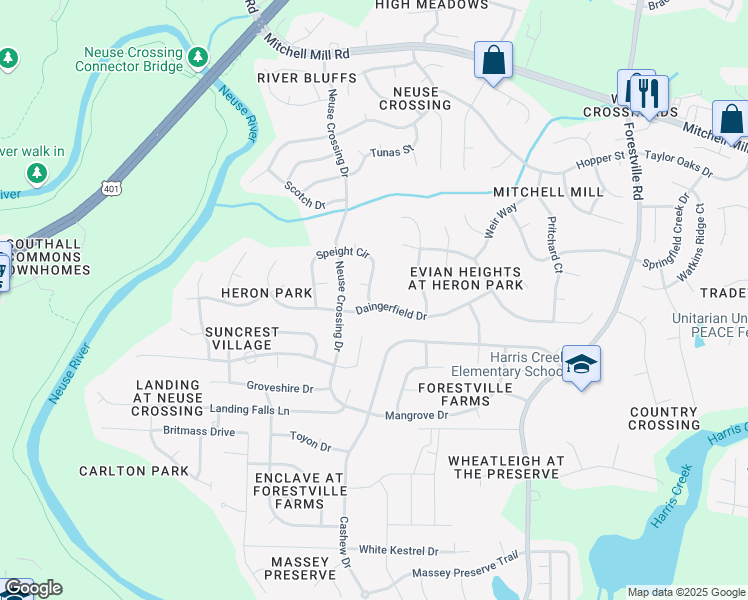 map of restaurants, bars, coffee shops, grocery stores, and more near 6649 Speight Circle in Raleigh