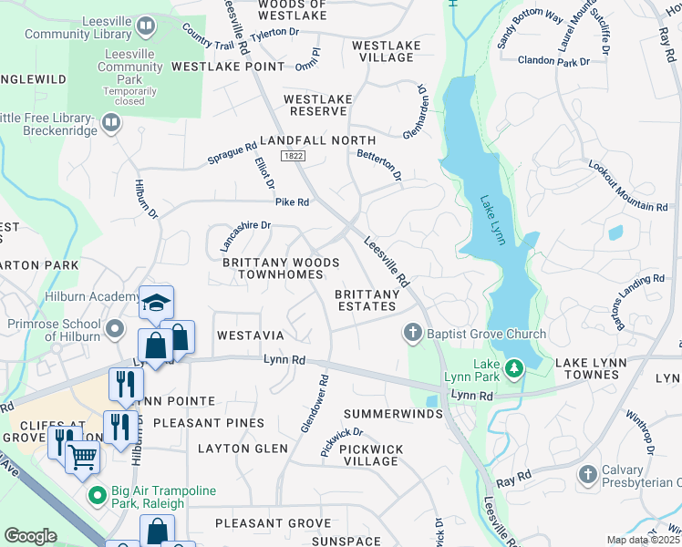 map of restaurants, bars, coffee shops, grocery stores, and more near 4401 Lancashire Drive in Raleigh