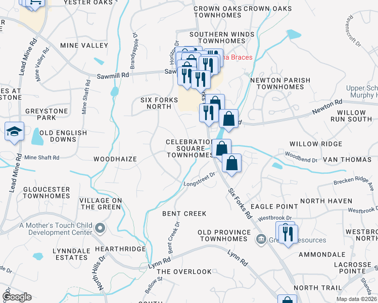 map of restaurants, bars, coffee shops, grocery stores, and more near 7404 Edenwood Lane in Raleigh