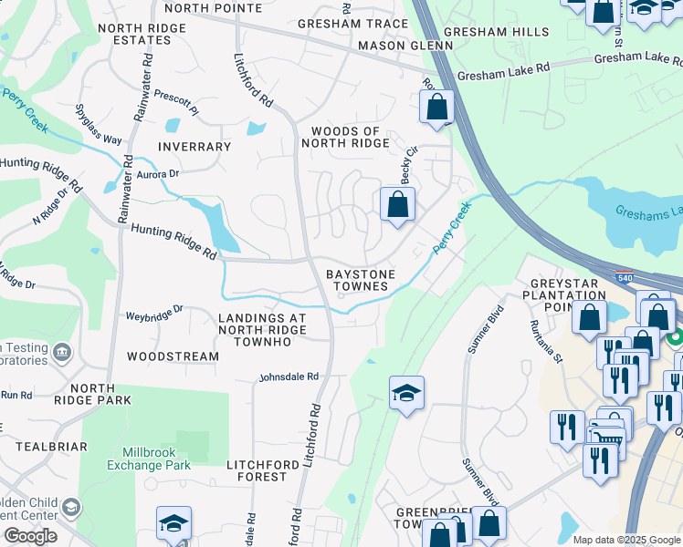 map of restaurants, bars, coffee shops, grocery stores, and more near 7030 Racine Way in Raleigh