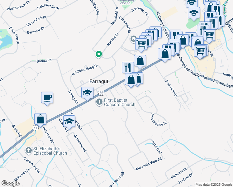 map of restaurants, bars, coffee shops, grocery stores, and more near 109 Confederacy Circle in Farragut