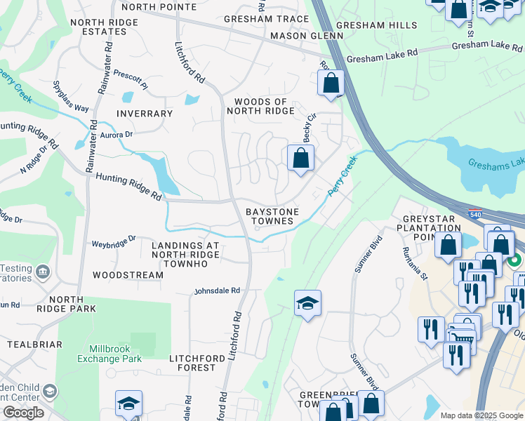 map of restaurants, bars, coffee shops, grocery stores, and more near 7030 Racine Way in Raleigh