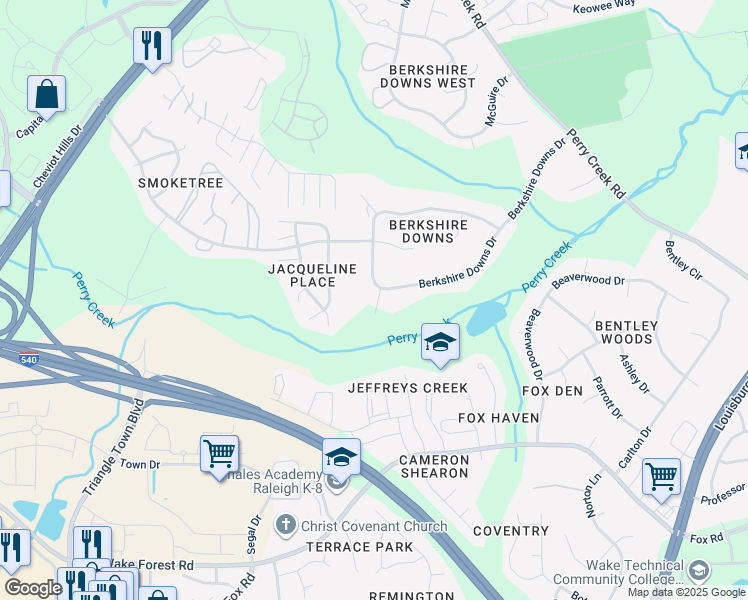 map of restaurants, bars, coffee shops, grocery stores, and more near 7324 Berkshire Downs Drive in Raleigh