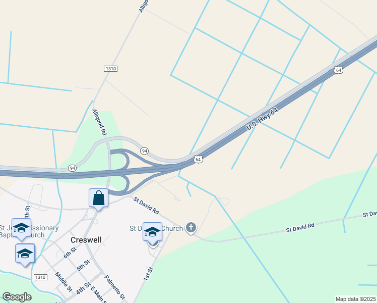 map of restaurants, bars, coffee shops, grocery stores, and more near State Road 1310 in Creswell