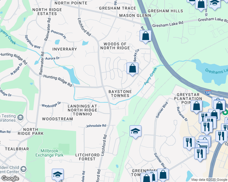 map of restaurants, bars, coffee shops, grocery stores, and more near 7030 Racine Way in Raleigh