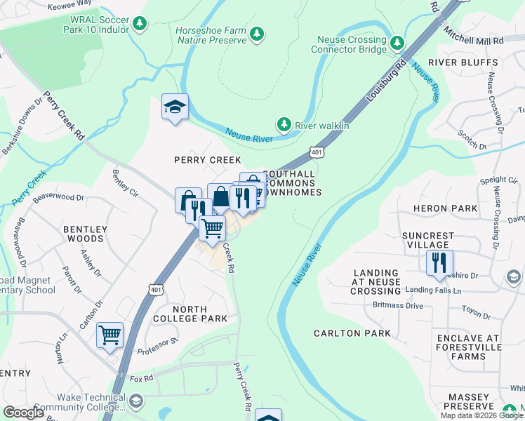 map of restaurants, bars, coffee shops, grocery stores, and more near 8022 River Watch Lane in Raleigh
