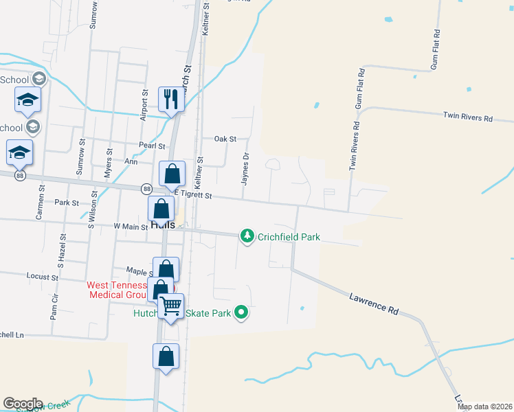 map of restaurants, bars, coffee shops, grocery stores, and more near 502 East Tigrett Street in Halls