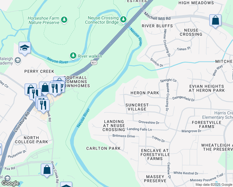 map of restaurants, bars, coffee shops, grocery stores, and more near 3001 Twatchman Drive in Raleigh