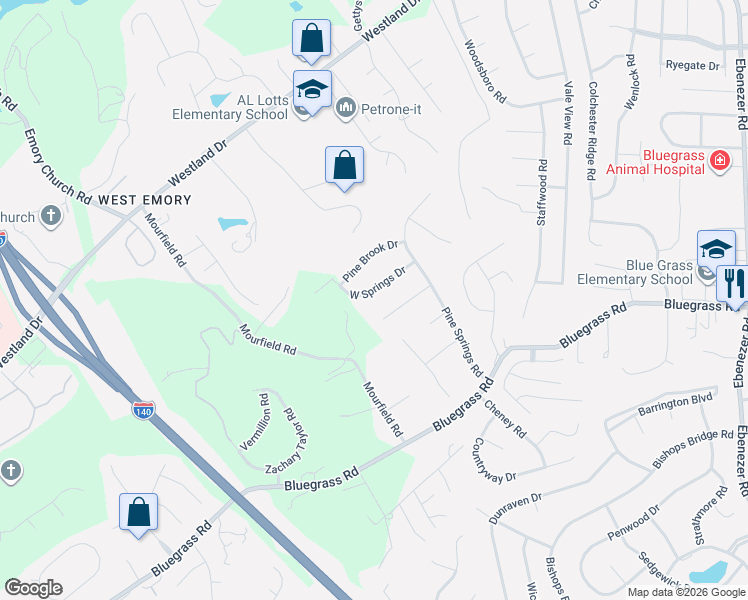 map of restaurants, bars, coffee shops, grocery stores, and more near 9221 West Springs Drive in Knoxville