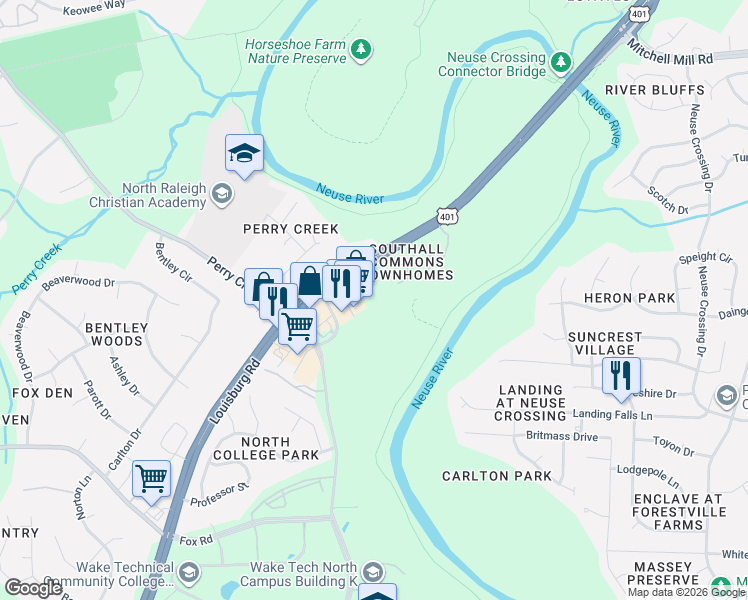 map of restaurants, bars, coffee shops, grocery stores, and more near 8022 River Watch Lane in Raleigh
