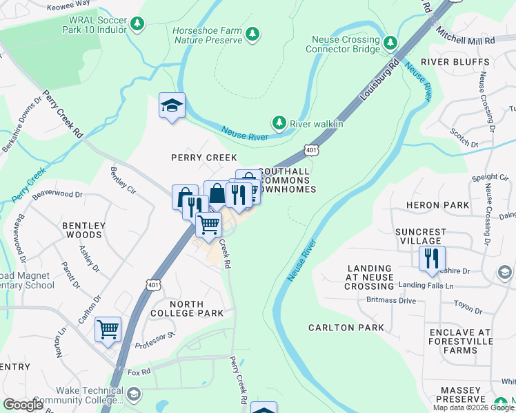 map of restaurants, bars, coffee shops, grocery stores, and more near 8022 River Watch Lane in Raleigh