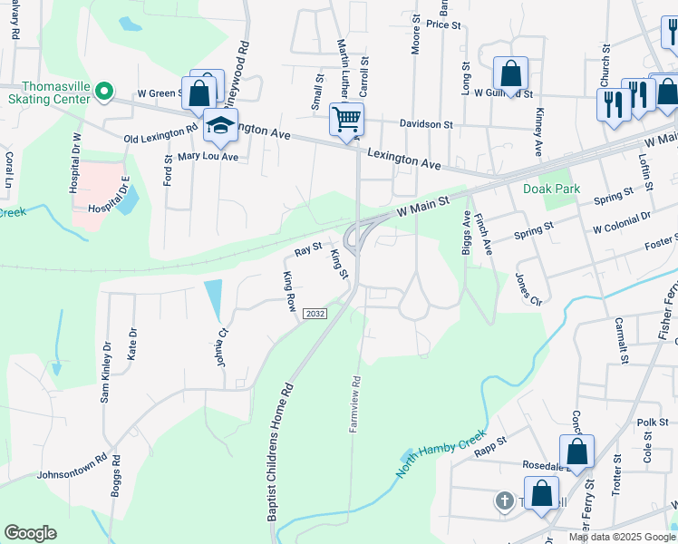 map of restaurants, bars, coffee shops, grocery stores, and more near 24 King Street in Thomasville
