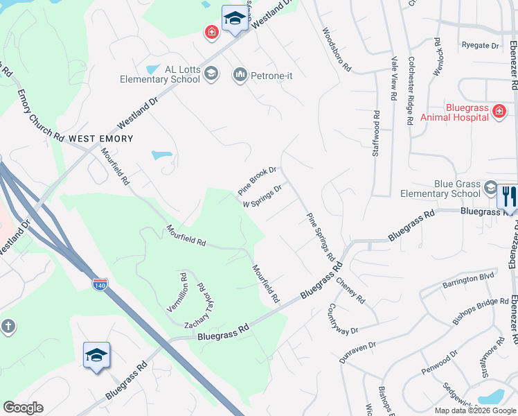map of restaurants, bars, coffee shops, grocery stores, and more near 9221 West Springs Drive in Knoxville