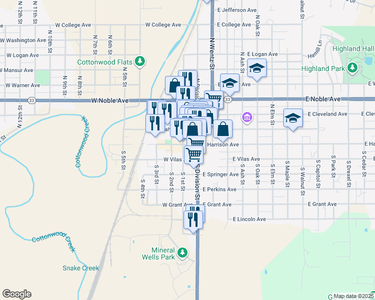 map of restaurants, bars, coffee shops, grocery stores, and more near 124 South 1st Street in Guthrie