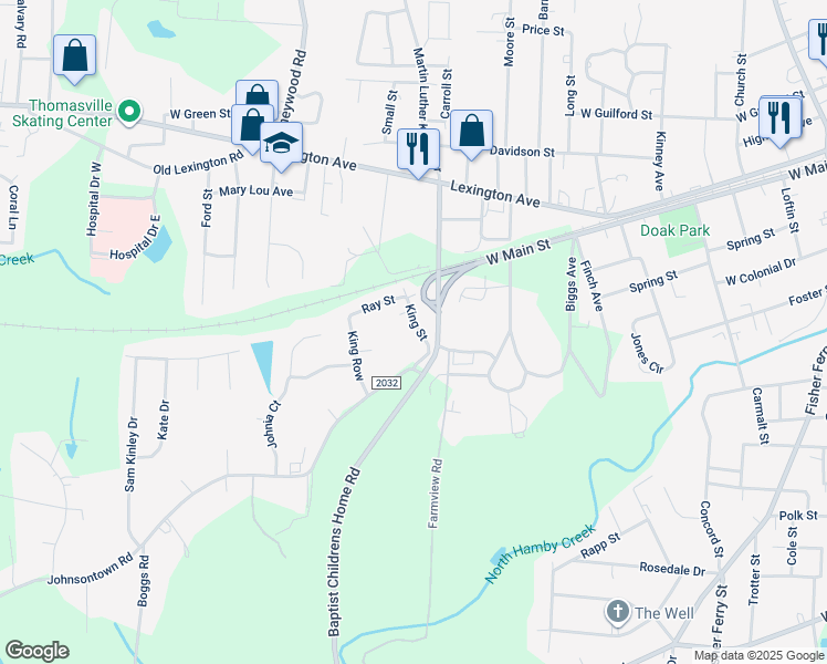 map of restaurants, bars, coffee shops, grocery stores, and more near 24 King Street in Thomasville