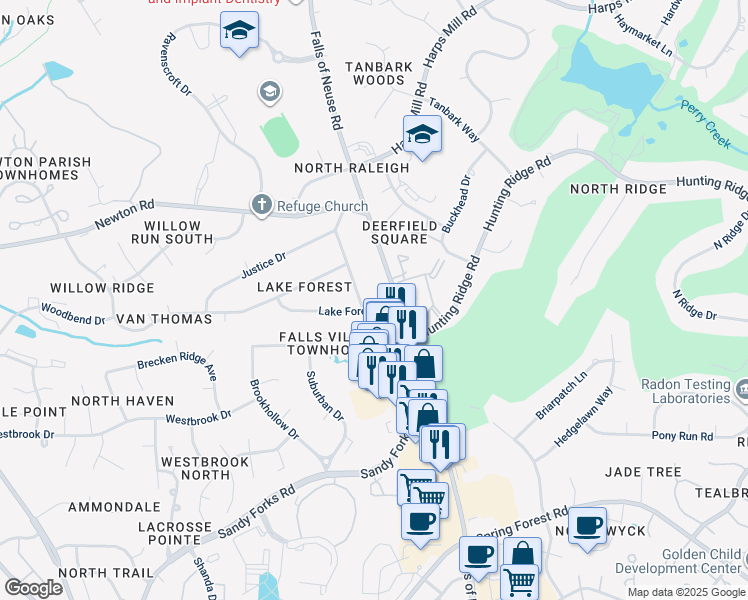 map of restaurants, bars, coffee shops, grocery stores, and more near 905 Lake Forest Drive in Raleigh