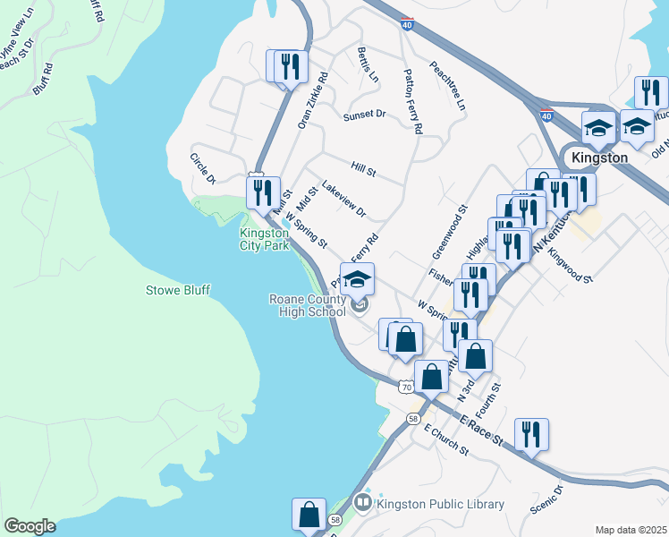 map of restaurants, bars, coffee shops, grocery stores, and more near 201 Patton Ferry Road in Kingston