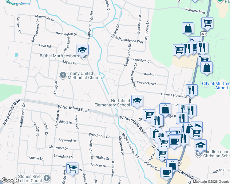 map of restaurants, bars, coffee shops, grocery stores, and more near 1911 Saddlebrook Drive in Murfreesboro