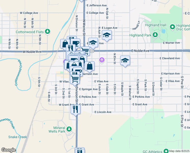 map of restaurants, bars, coffee shops, grocery stores, and more near 301 East Harrison Avenue in Guthrie