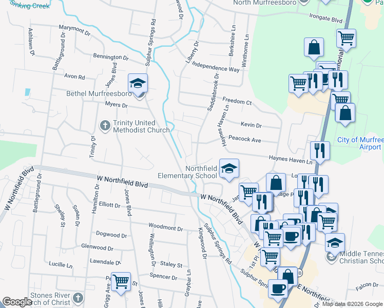 map of restaurants, bars, coffee shops, grocery stores, and more near 1911 Saddlebrook Drive in Murfreesboro