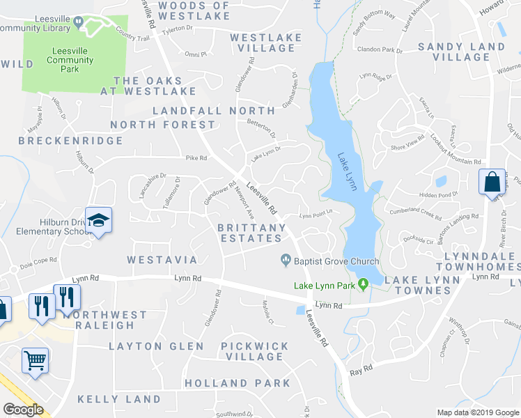 map of restaurants, bars, coffee shops, grocery stores, and more near 7317 Leesville Road in Raleigh