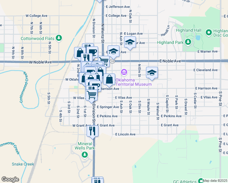 map of restaurants, bars, coffee shops, grocery stores, and more near 301 East Harrison Avenue in Guthrie