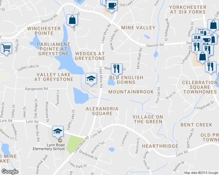 map of restaurants, bars, coffee shops, grocery stores, and more near 7030 Lead Mine Road in Raleigh