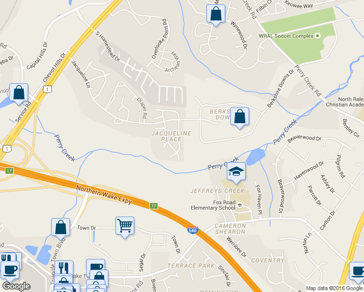 map of restaurants, bars, coffee shops, grocery stores, and more near 4208 Archibald Way in Raleigh