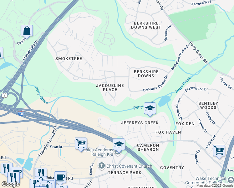 map of restaurants, bars, coffee shops, grocery stores, and more near 4208 Archibald Way in Raleigh