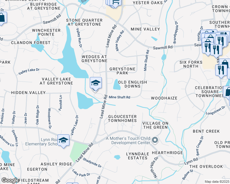 map of restaurants, bars, coffee shops, grocery stores, and more near 7030 Lead Mine Road in Raleigh