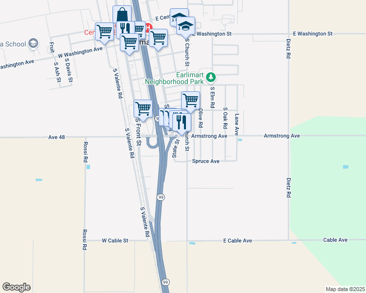 map of restaurants, bars, coffee shops, grocery stores, and more near 956 South Church Street in Earlimart