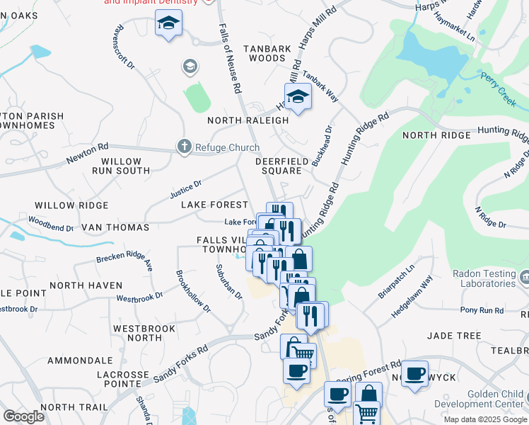 map of restaurants, bars, coffee shops, grocery stores, and more near 905 Lake Forest Drive in Raleigh