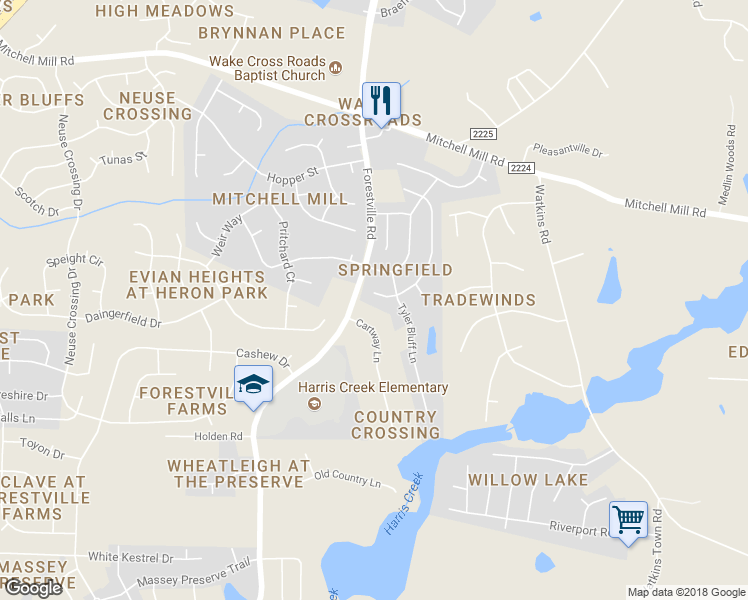 map of restaurants, bars, coffee shops, grocery stores, and more near 3813 Watkins Ridge Court in Raleigh