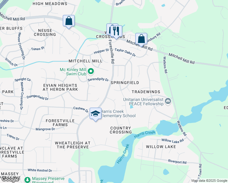 map of restaurants, bars, coffee shops, grocery stores, and more near 3813 Watkins Ridge Court in Raleigh