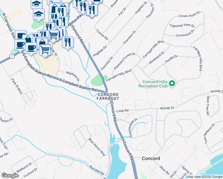 map of restaurants, bars, coffee shops, grocery stores, and more near 500 Concord Road in Knoxville
