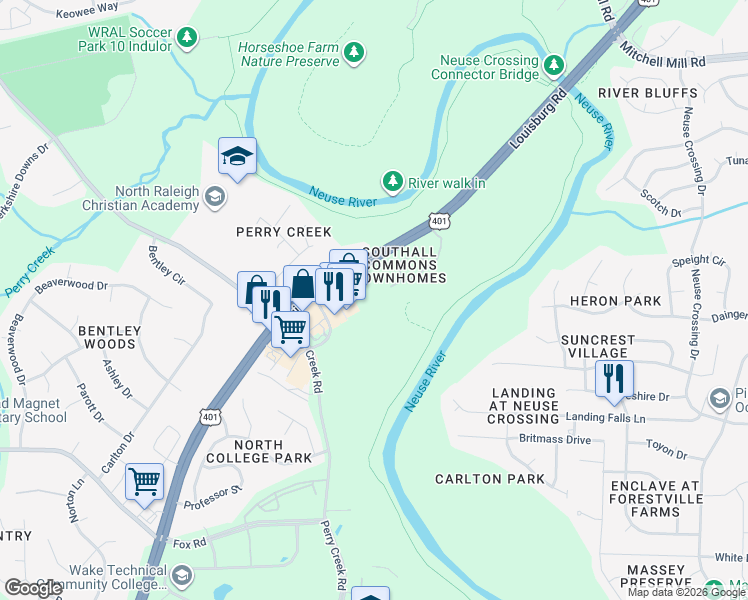map of restaurants, bars, coffee shops, grocery stores, and more near 8022 River Watch Lane in Raleigh