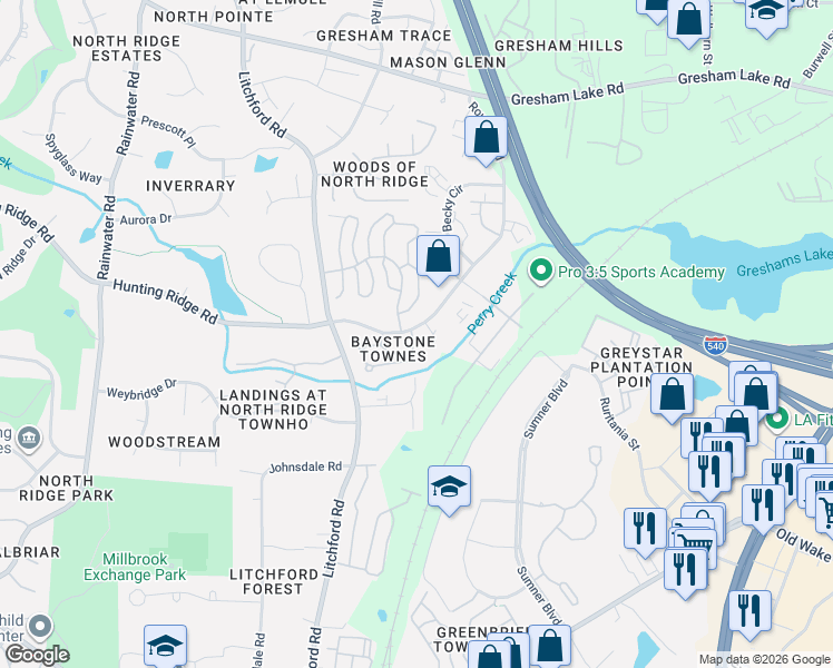 map of restaurants, bars, coffee shops, grocery stores, and more near 7220 Circlebank Drive in Raleigh