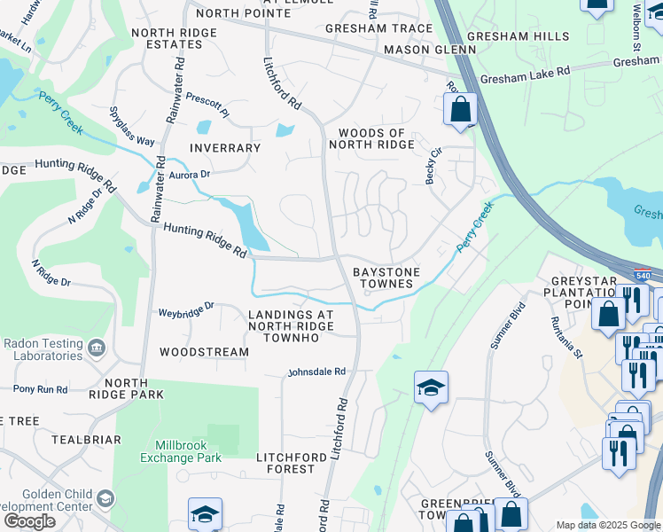 map of restaurants, bars, coffee shops, grocery stores, and more near 7019 Litchford Road in Raleigh