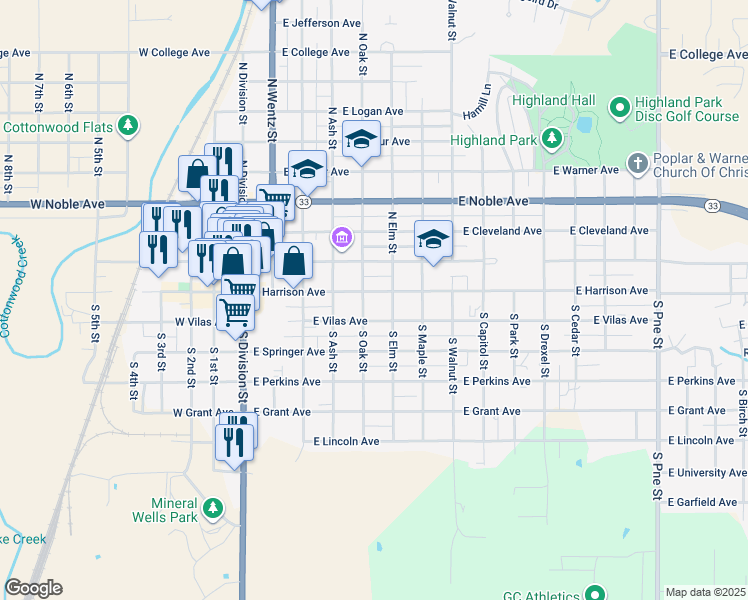 map of restaurants, bars, coffee shops, grocery stores, and more near 524 East Harrison Avenue in Guthrie