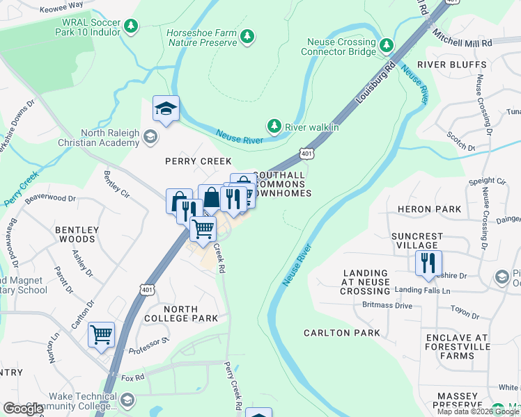 map of restaurants, bars, coffee shops, grocery stores, and more near 8022 River Watch Lane in Raleigh