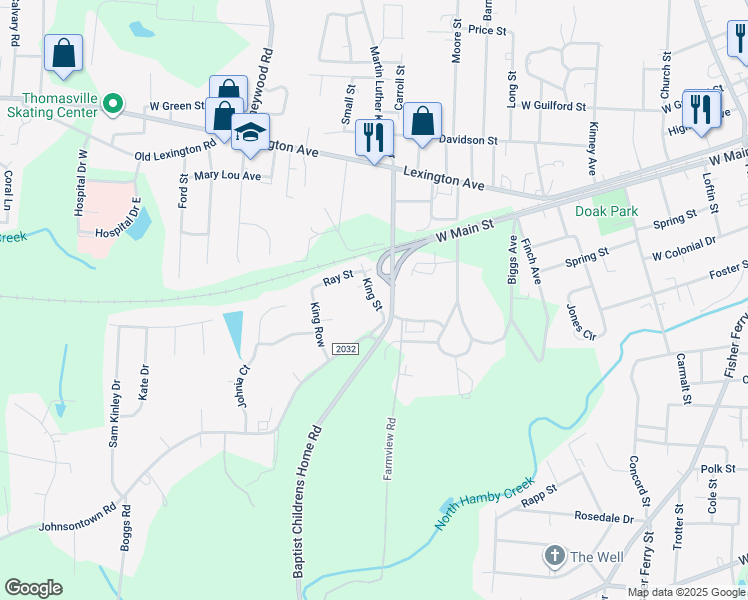 map of restaurants, bars, coffee shops, grocery stores, and more near 28 King Street in Thomasville