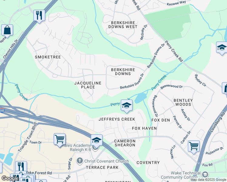 map of restaurants, bars, coffee shops, grocery stores, and more near 7336 Berkshire Downs Drive in Raleigh